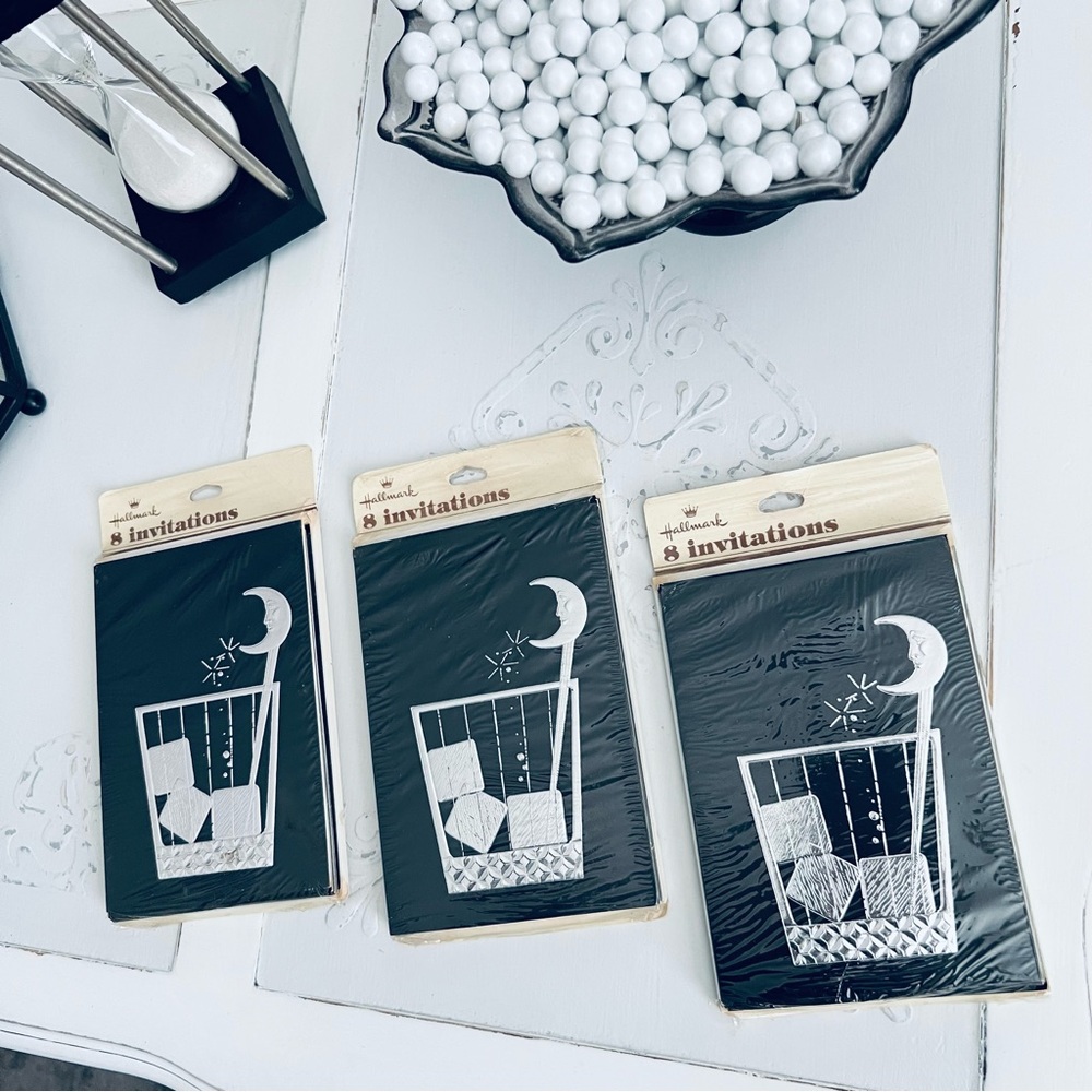🥂 3 New Packs of Vintage Hallmark Black & Silver Foil Invitations (24 total)